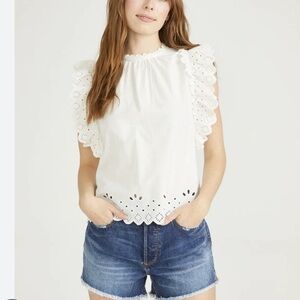 Driftwood cotton Eyelet Trim Short Sleeve Top in White, Medium